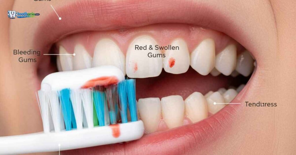 early-warning-signs-of-gum-disease-including-bleeding-gums-red-swollen-gums-bad-breath-and-mild-gum-recession-during-brushing