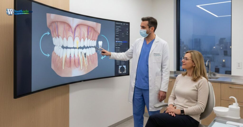 oral-surgeon-explaining-what-is-oral-surgery-to-patient-using-jaw-and-teeth-model-in-modern-dental-clinic