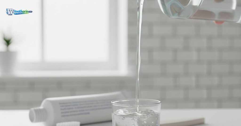 mouthwash-liquid-poured-into-cap-next-to-fluoride-toothpaste-highlighting-zinc-compounds-and-enamel-support-for-fighting-mouth-odor