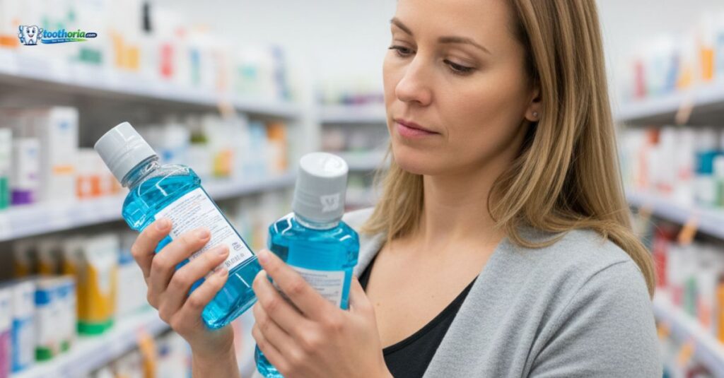 person-comparing-mouthwash-options-in-pharmacy-to-choose-right-mouthwash-for-smelly-breath-gum-health-and-oral-sensitivity