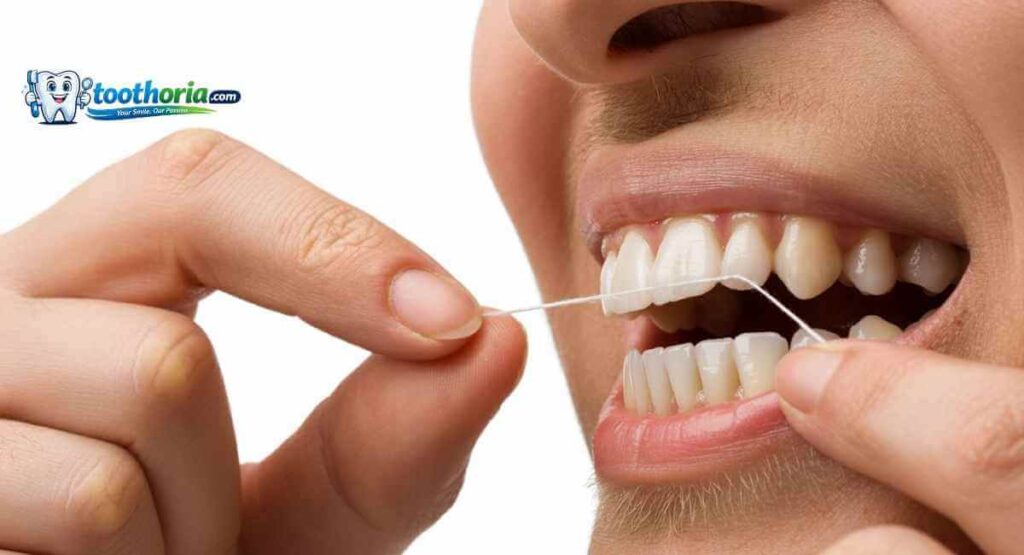 dental floss cleaning between teeth to remove plaque