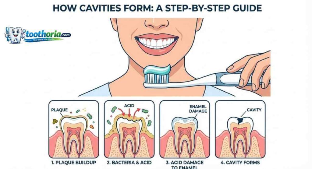 tooth decay process showing plaque bacteria and enamel damage