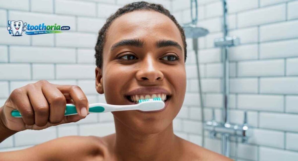person brushing teeth correctly with soft toothbrush