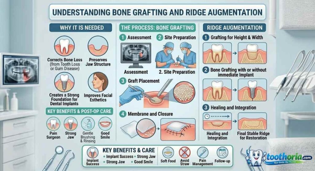 Dental bone grafting and ridge augmentation process diagram showing jawbone regeneration for dental implants