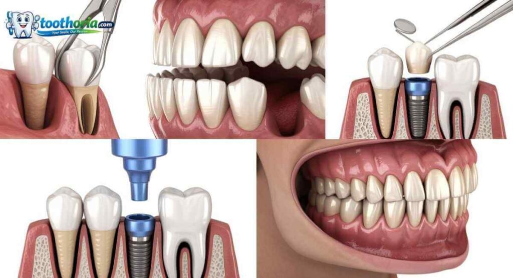 Different types of oral surgery including tooth extraction, dental implants, wisdom tooth removal, and jaw surgery illustrated in medical style