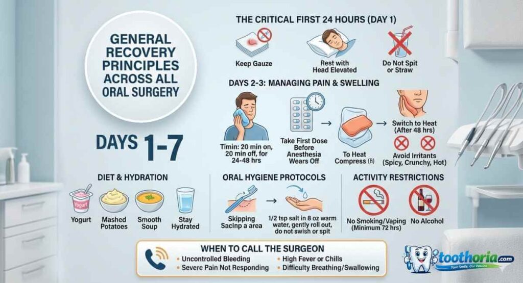 Oral surgery recovery guide infographic showing day 1-7 care, pain management, and soft food diet tips