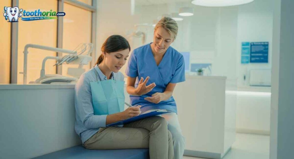 Patient filling medical forms in dental clinic while nurse explains preparation steps before oral surgery