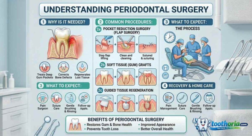 Diagram of periodontal surgery procedures including gum grafting and pocket reduction for dental health