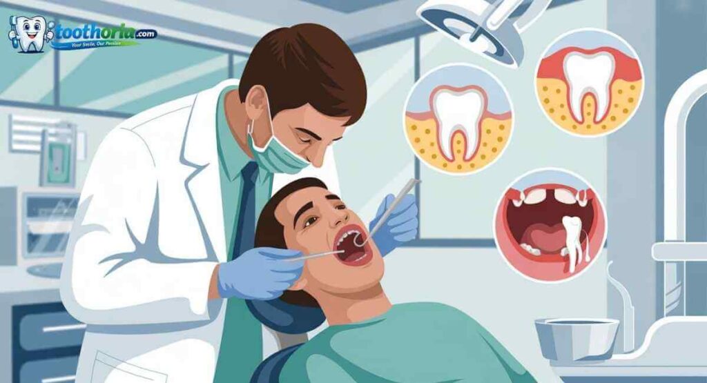 Dentist examining patient’s mouth showing oral surgery risks like infection, swelling, and complications in clinical setting