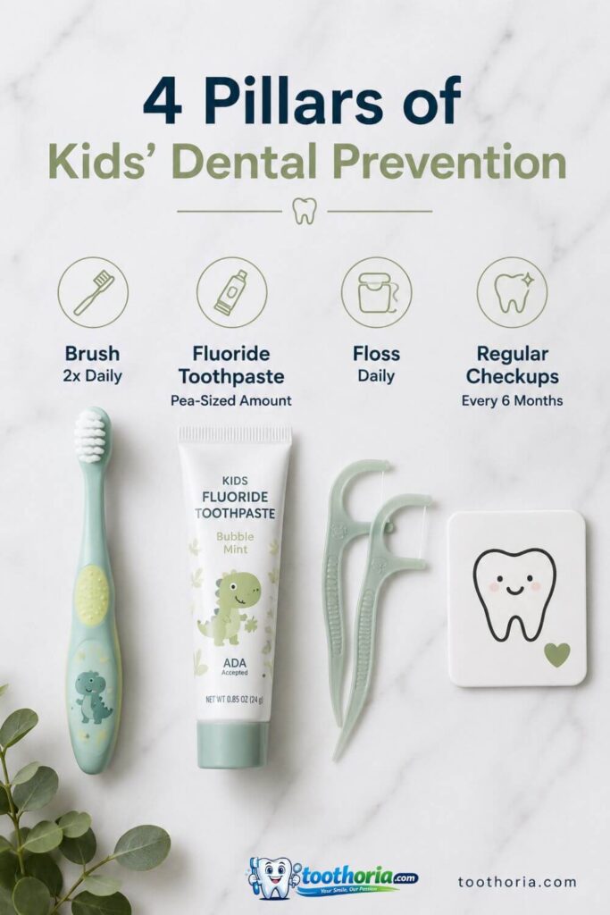 Flat lay of children's dental care essentials including toothbrush, fluoride toothpaste, and floss picks.