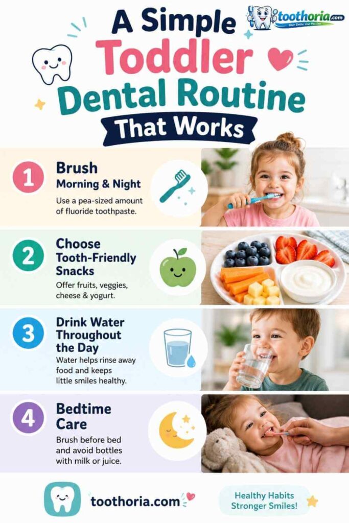 Simple toddler dental routine for healthy teeth featured on toothoria.com.
