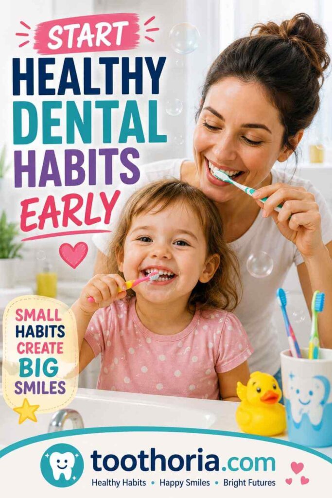 Parent helping toddler brush teeth happily in a bright bathroom with colorful toothbrushes.
