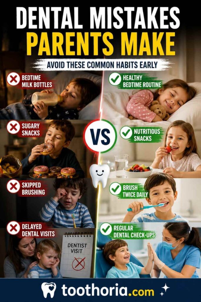 Split-scene image showing unhealthy and healthy dental habits for children.