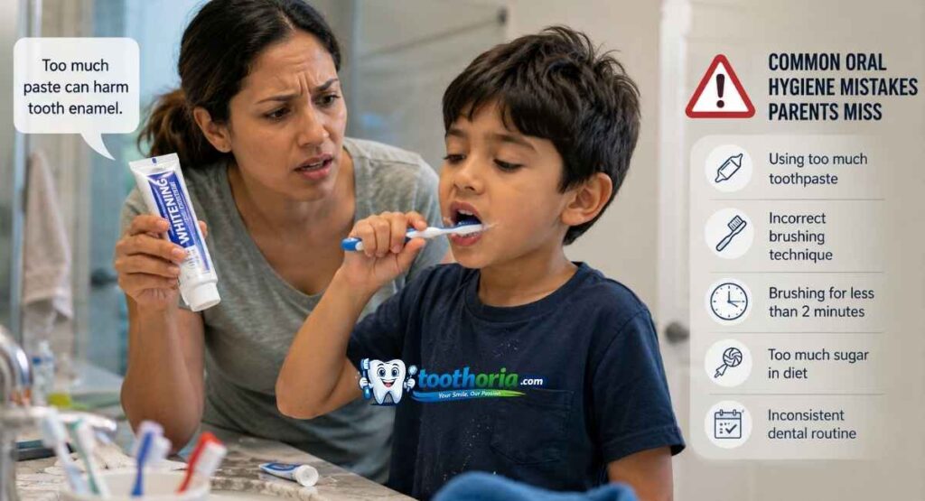 Parent making common fluoride-related dental care mistakes while brushing a child’s teeth