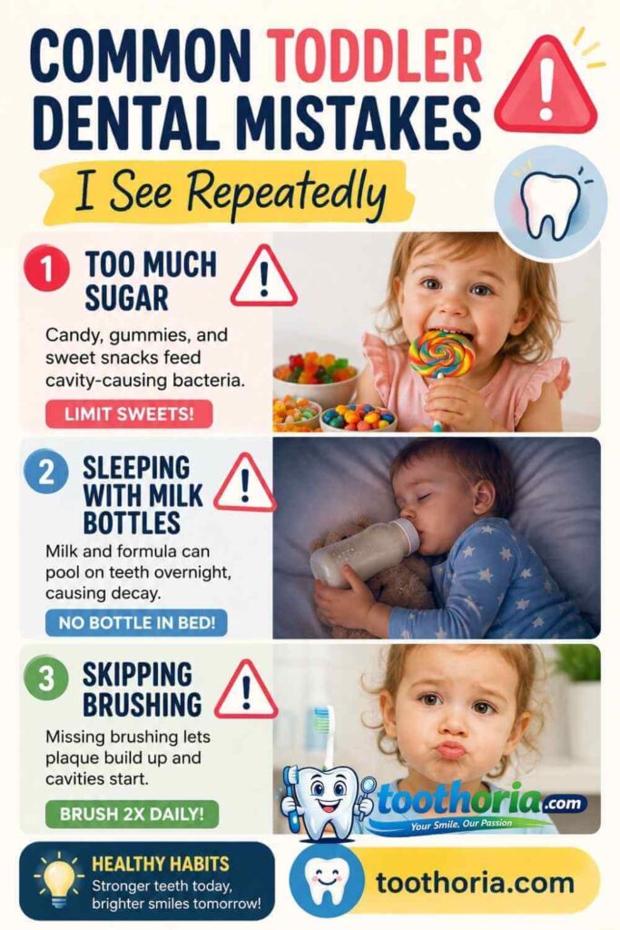 Common toddler dental care mistakes shown in educational image at toothoria.com.
