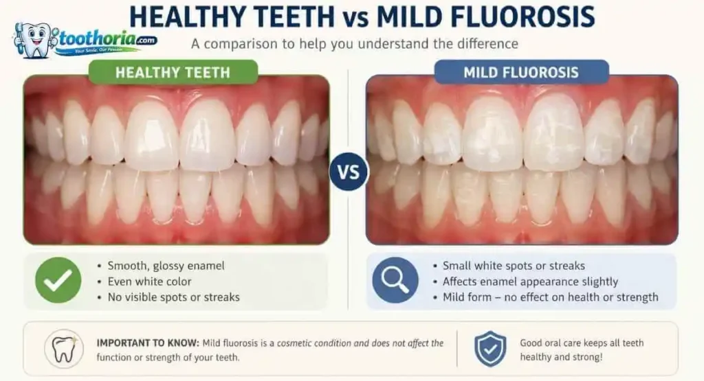 Comparison of healthy teeth and mild dental fluorosis showing potential fluoride overexposure