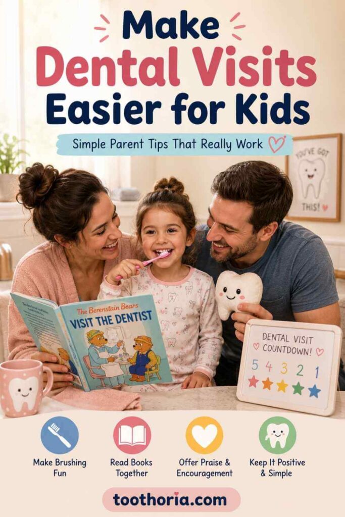 Parents helping a child feel excited and relaxed before a dental visit.