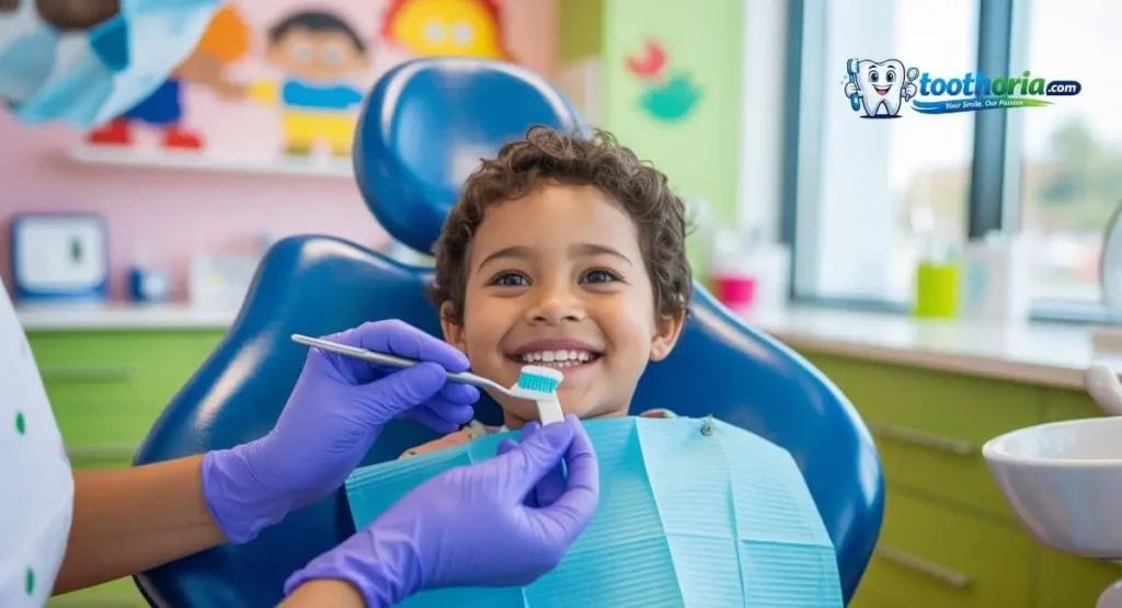 Child receiving fluoride treatment at a dentist’s office in a pediatric dental clinic