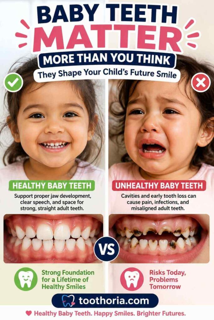 Comparison of healthy baby teeth and decayed baby teeth affecting future oral health.