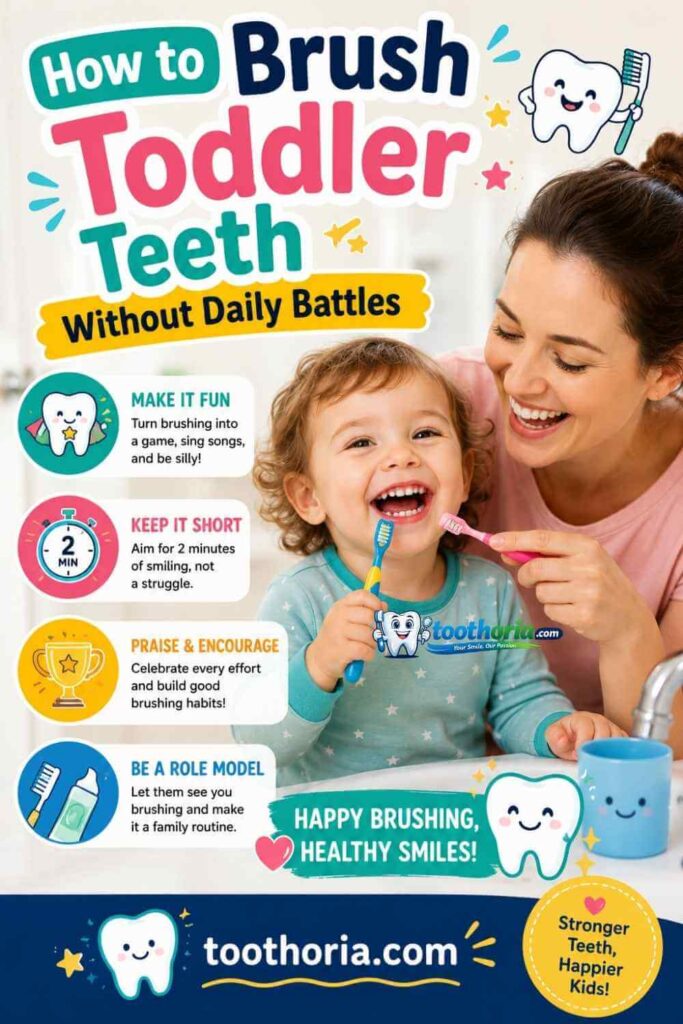 Happy toddler brushing teeth with parent for stress free dental routine at toothoria.com.
