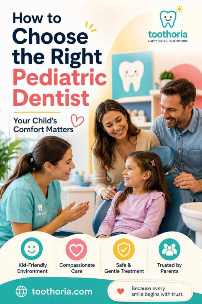 Friendly pediatric dentist speaking kindly to young child in colorful dental clinic.