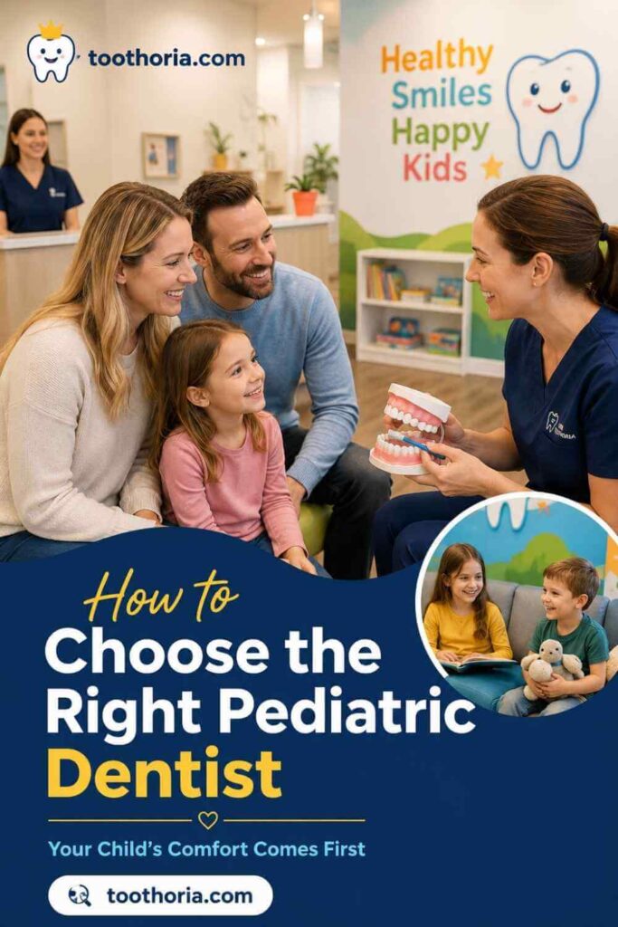 Parents speaking with a friendly pediatric dentist in a child-friendly clinic.
