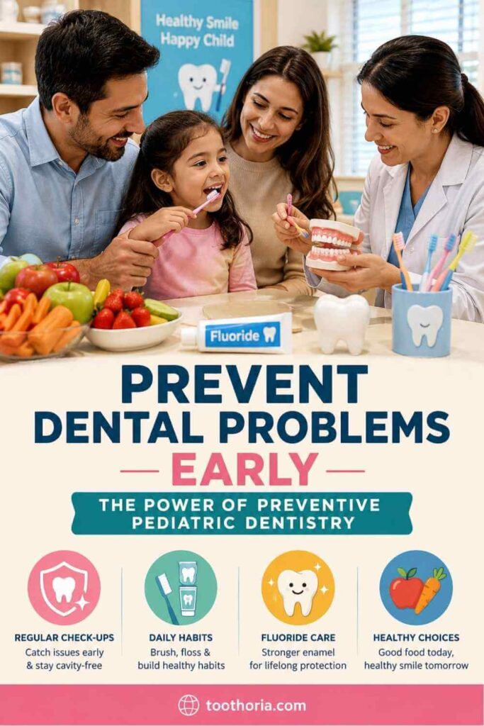 Parent helping child practice preventive dental care with guidance from a pediatric dentist.