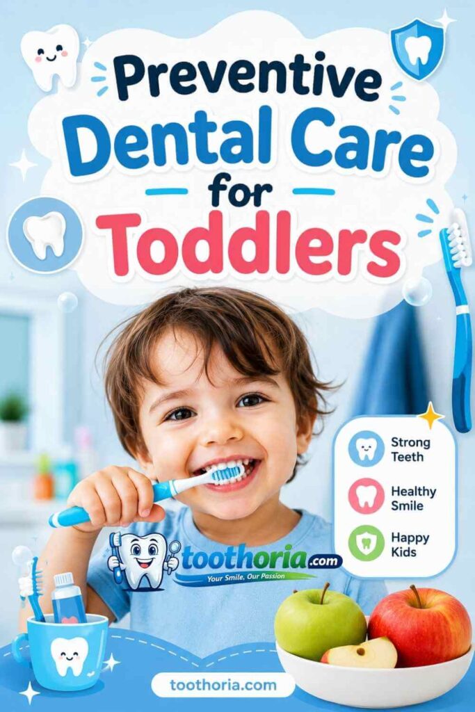Toddler smiling while brushing teeth for preventive dental care article on toothoria.com.
