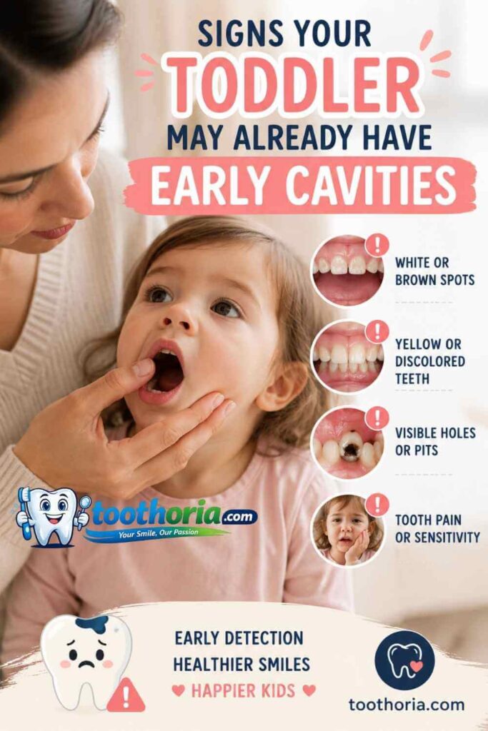 Parent checking toddler teeth for early cavity signs at toothoria.com.
