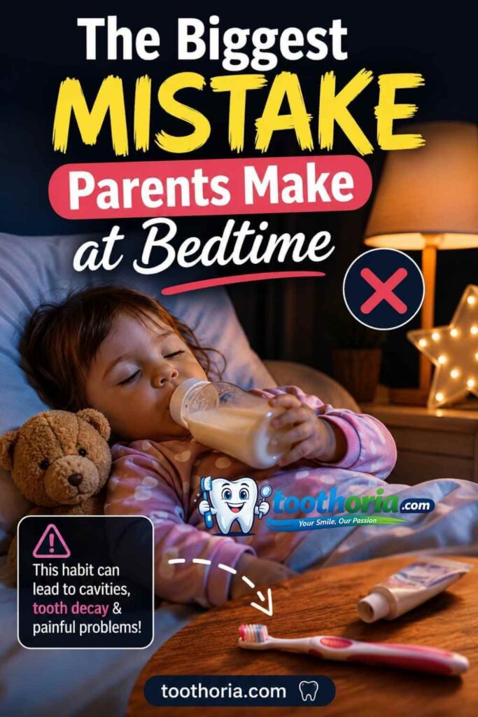 Sleepy toddler with milk bottle showing common bedtime dental mistake at toothoria.com.
