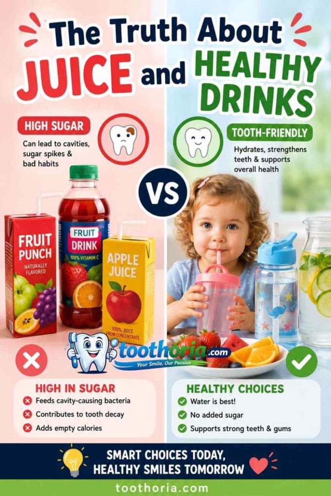 Toddler drinks comparison showing juice and healthy alternatives at toothoria.com.
