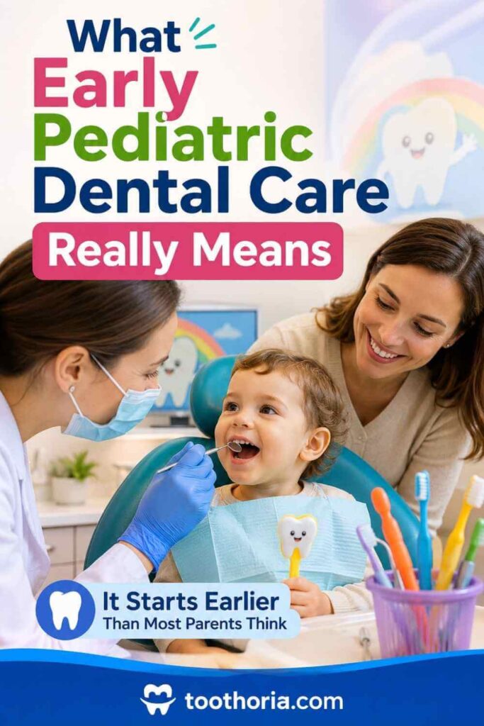 Pediatric dentist checking toddler teeth during first dental visit with parent beside them.