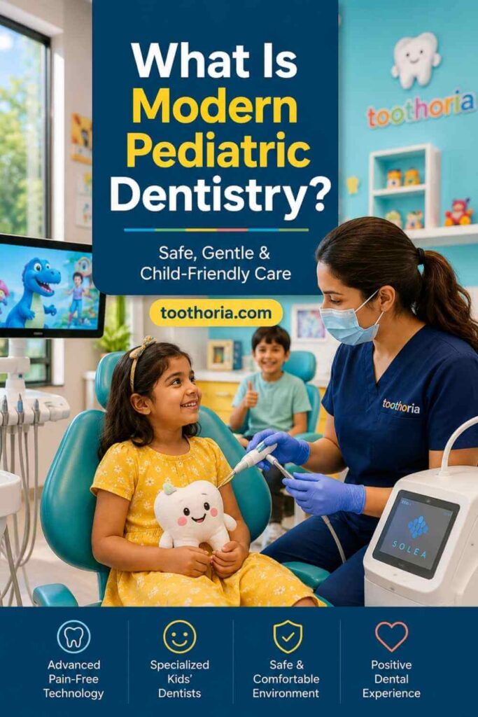 Modern pediatric dental clinic with child-friendly technology and smiling dentist.