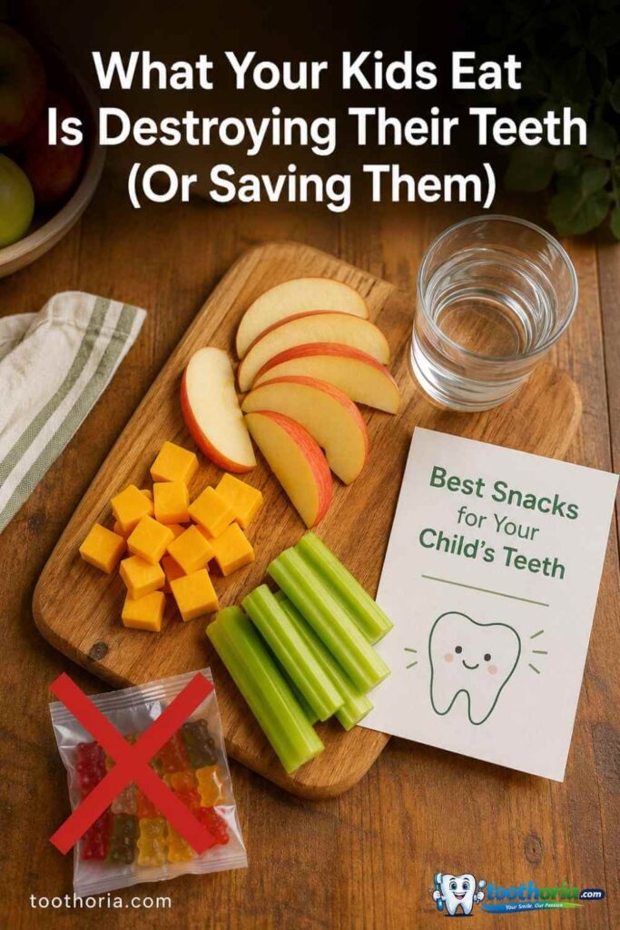 Healthy snacks for children's dental health including cheese, apples, and water.