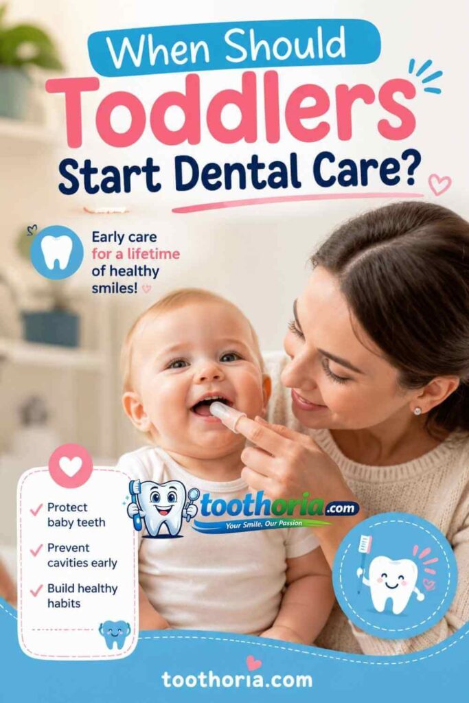 Parent cleaning toddler teeth for early dental care guide at toothoria.com.
