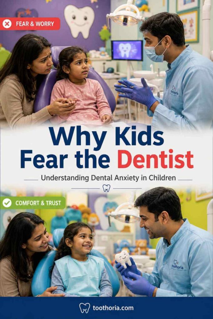 Child feeling nervous during a dental visit while a pediatric dentist comforts them.