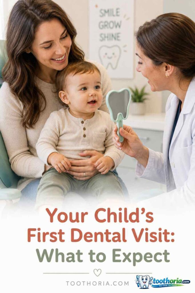 Mother and toddler at first dental visit with a friendly pediatric dentist.