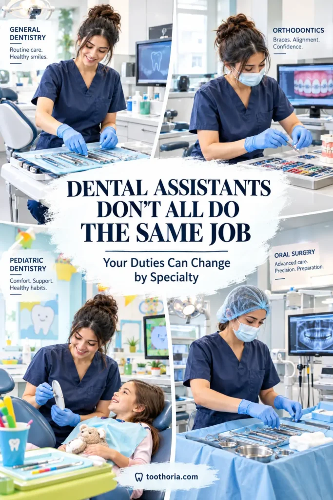 Dental assistant working across different dental specialties with varied responsibilities.
