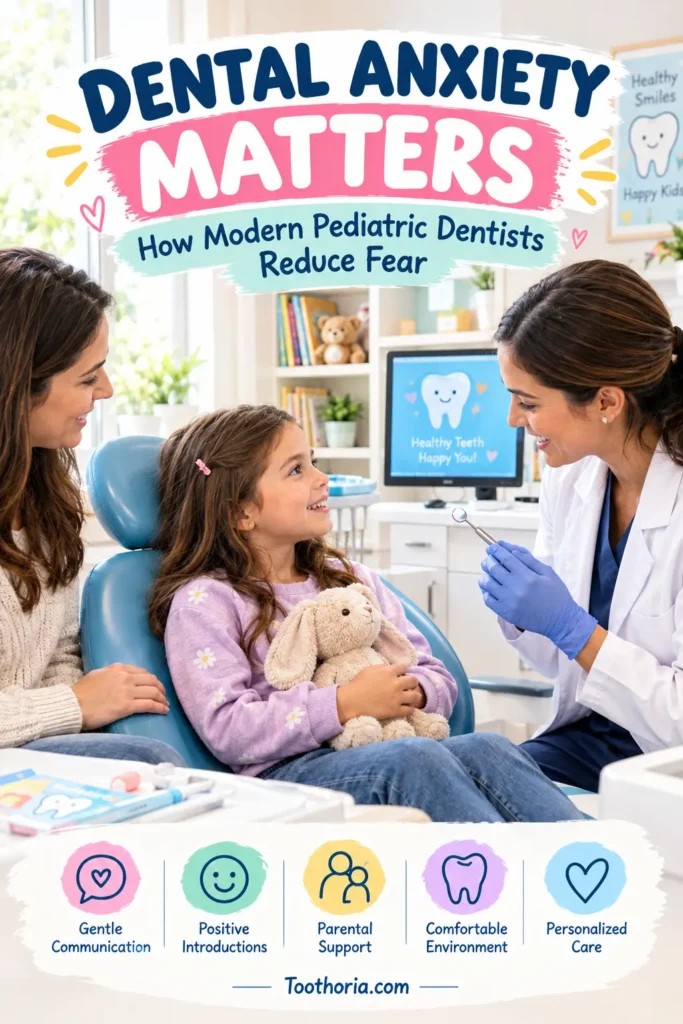 Child having a calm anxiety-friendly dental visit with a pediatric dentist.