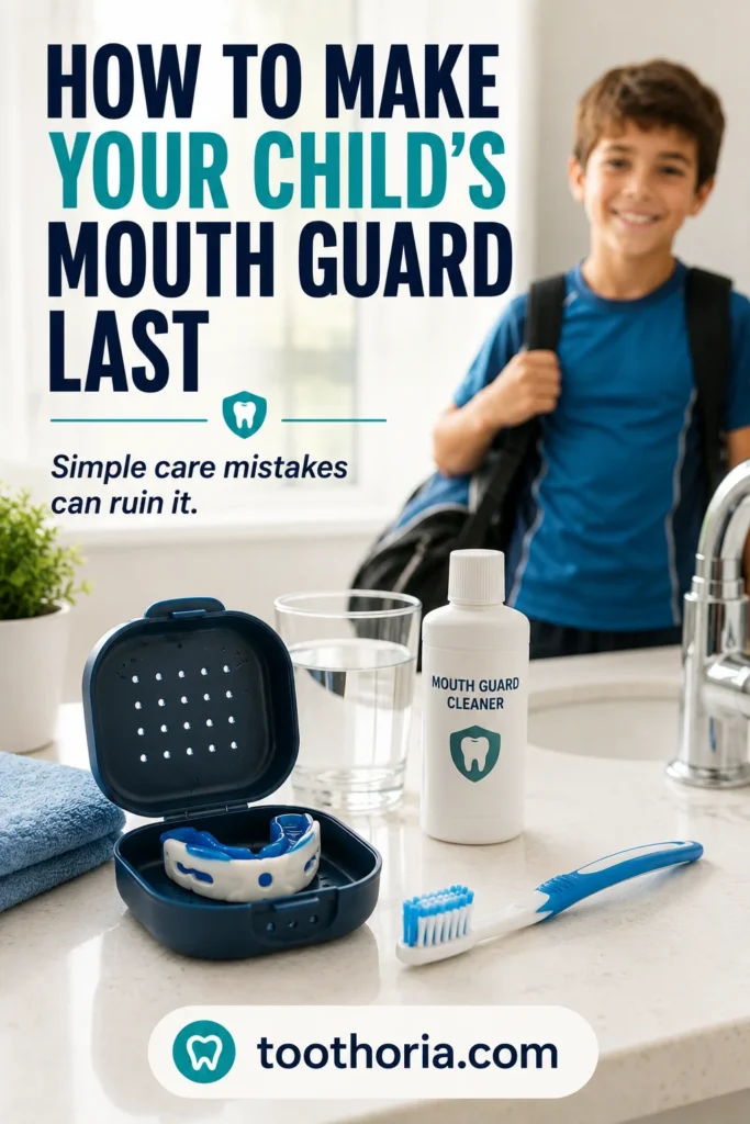 Child’s mouth guard being cleaned and stored properly to help it last longer and stay hygienic.