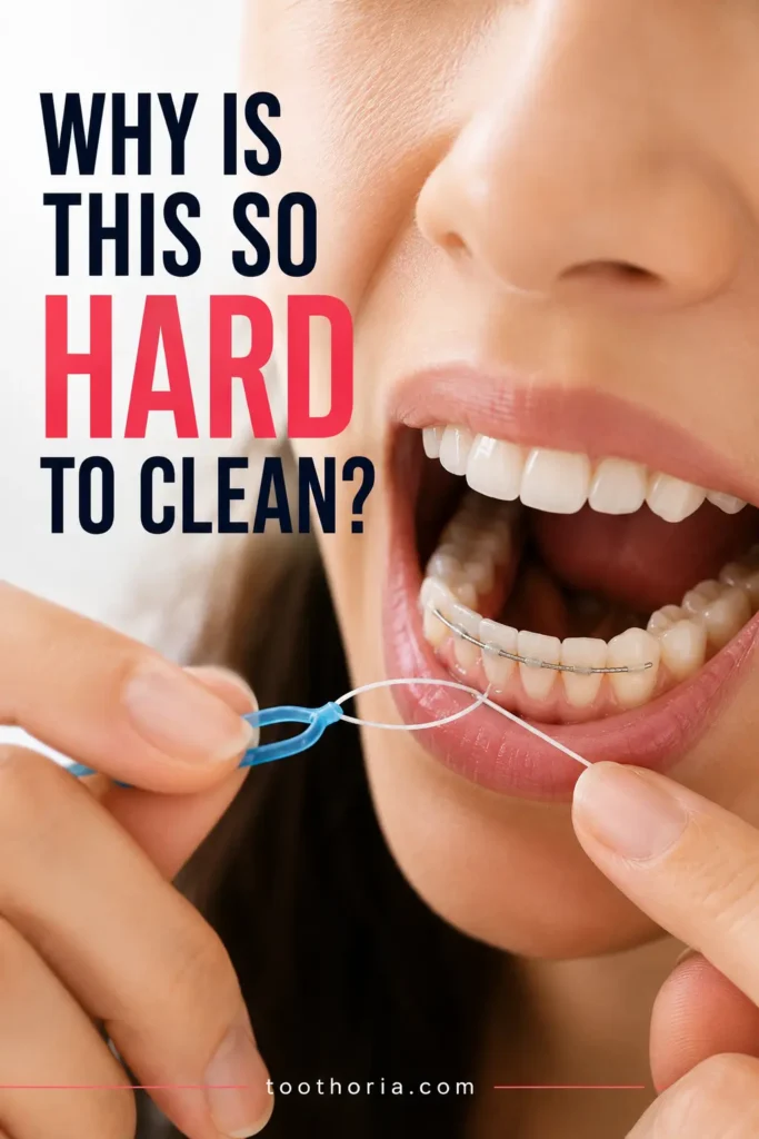 Using a floss threader to clean underneath a fixed bonded orthodontic retainer.