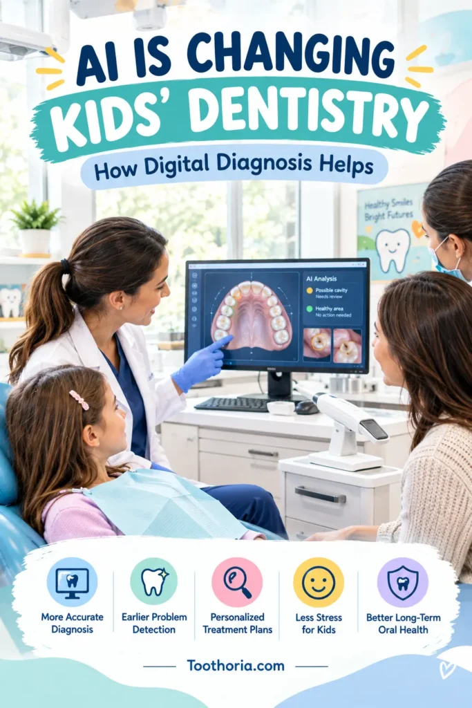 Pediatric dentist reviewing a child’s digital dental scan with AI-assisted technology.