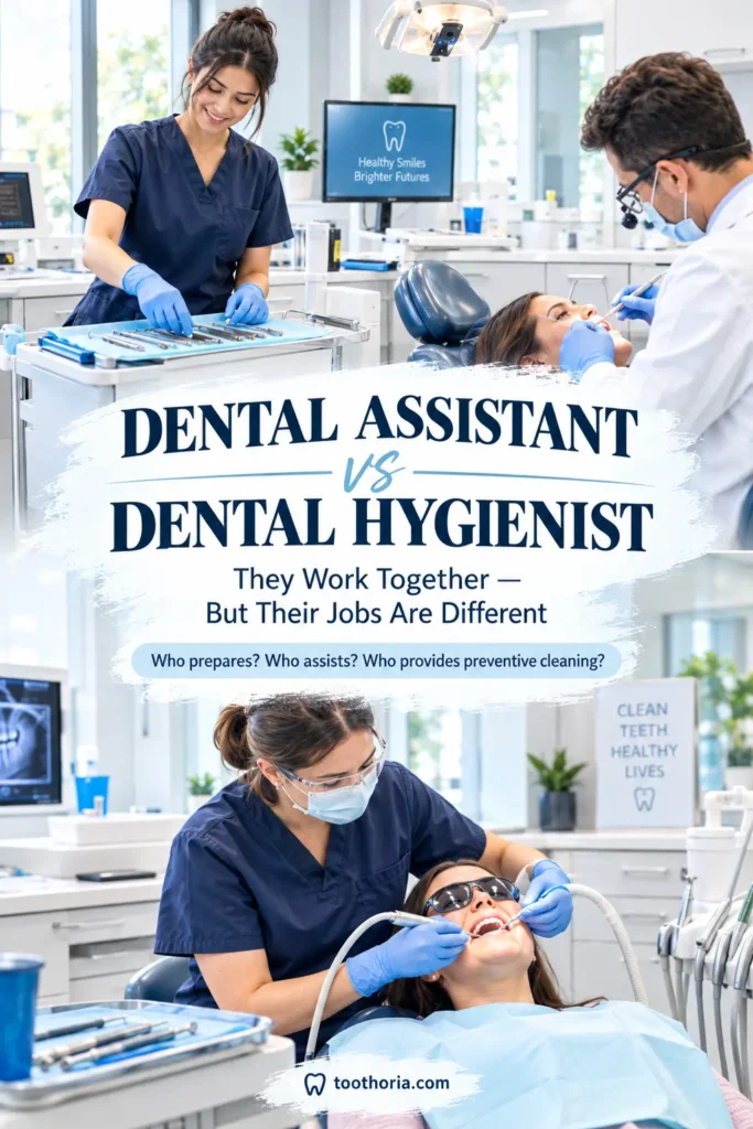 Dental assistant and dental hygienist performing different roles in a modern dental clinic.