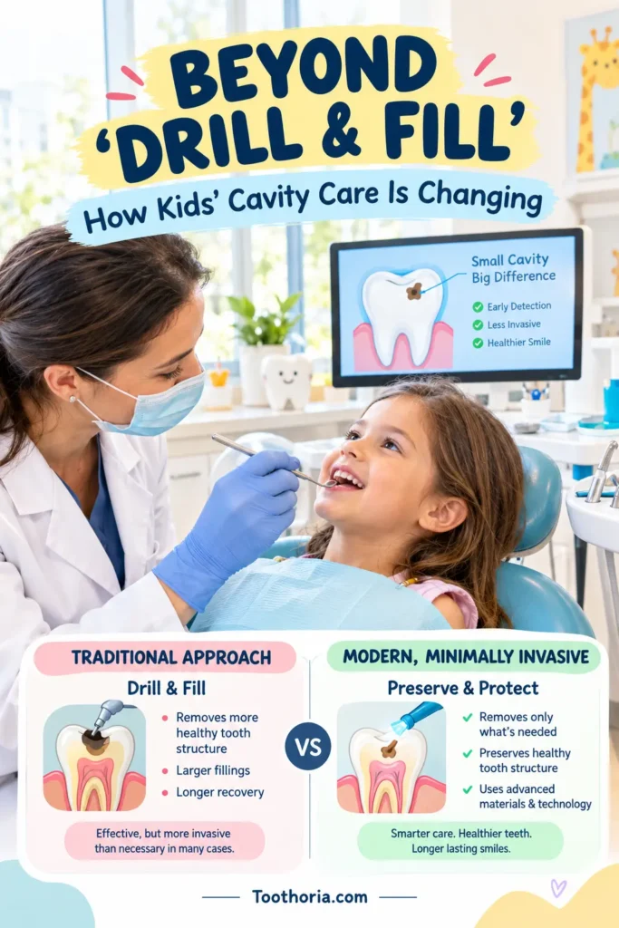 Child receiving minimally invasive pediatric dental care from a dentist.