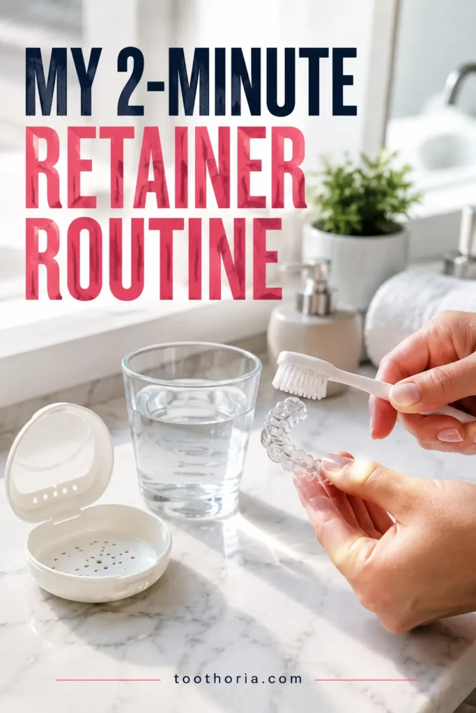 Simple daily orthodontic retainer cleaning routine using a soft toothbrush, water, and proper storage.