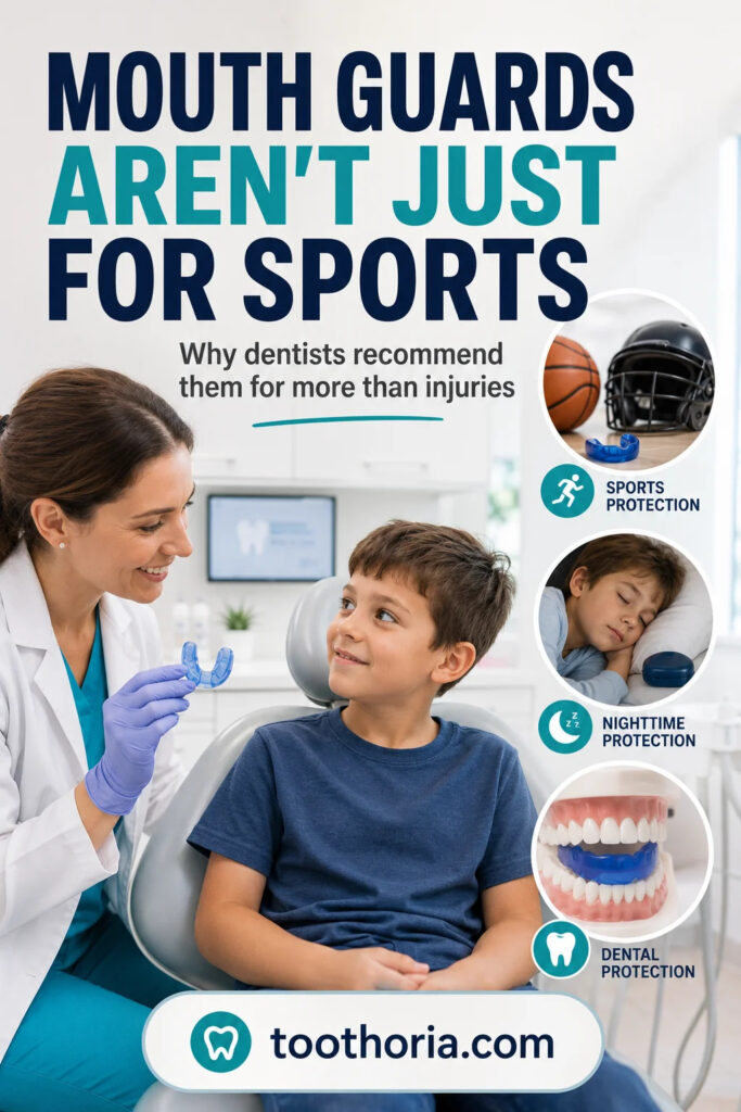 Pediatric dentist showing a child a mouth guard and explaining that mouth guards are not only used for sports injuries.