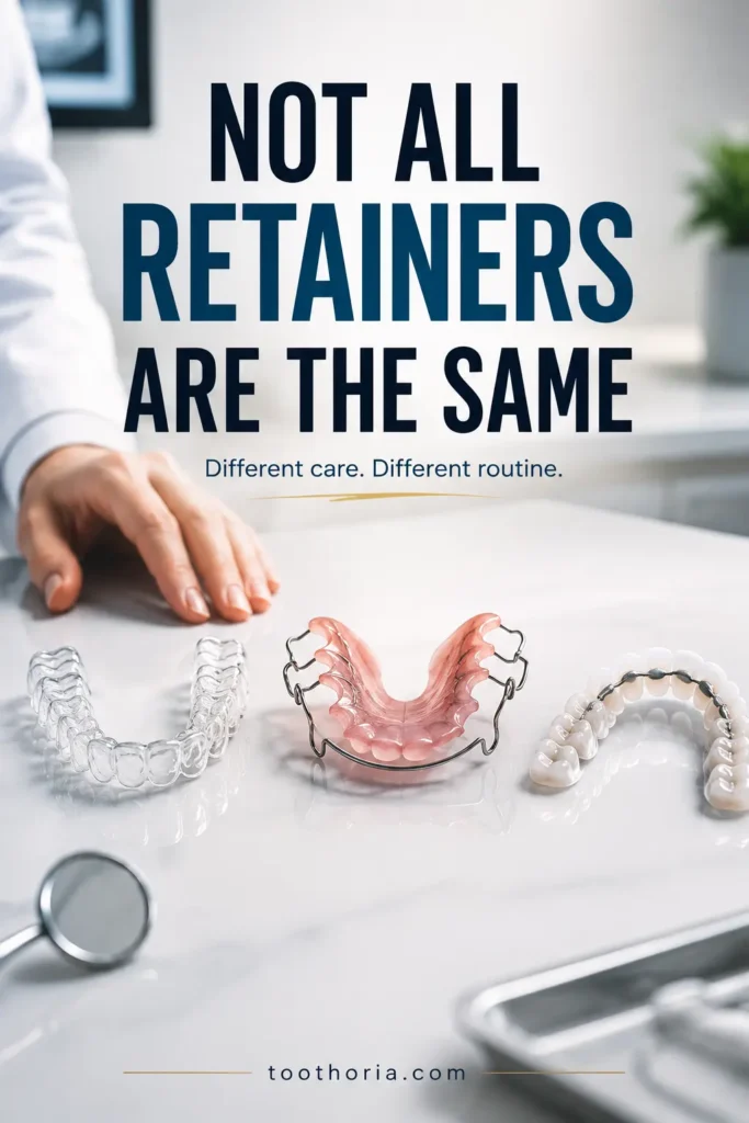 Three orthodontic retainer types shown together, including clear, Hawley, and fixed retainers.