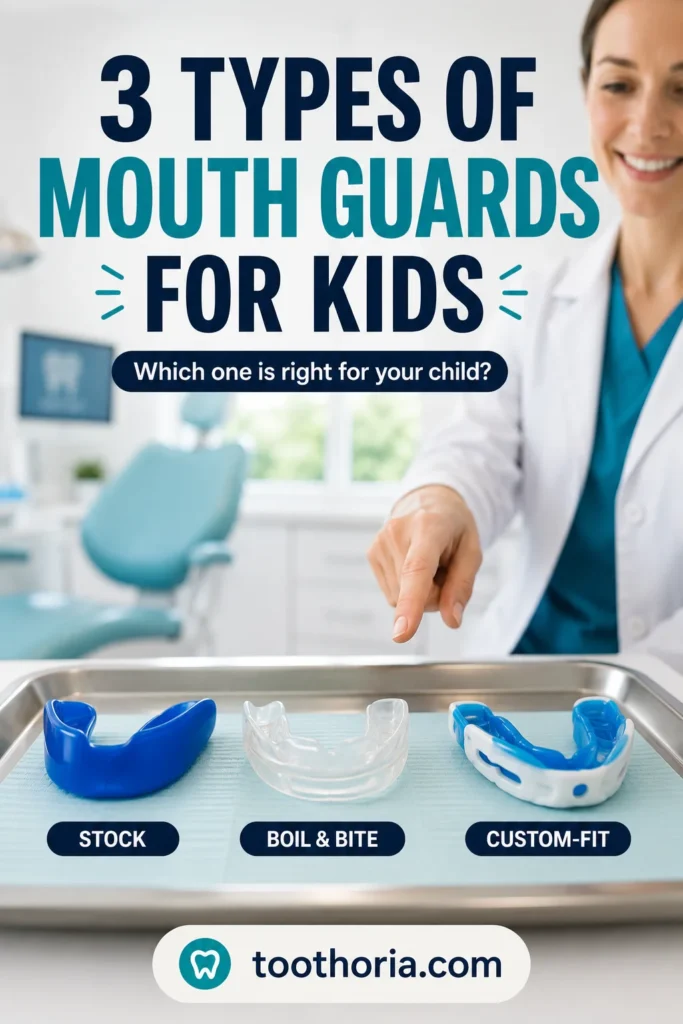 Three types of mouth guards used for children: stock, boil-and-bite, and custom-fit mouth guards.