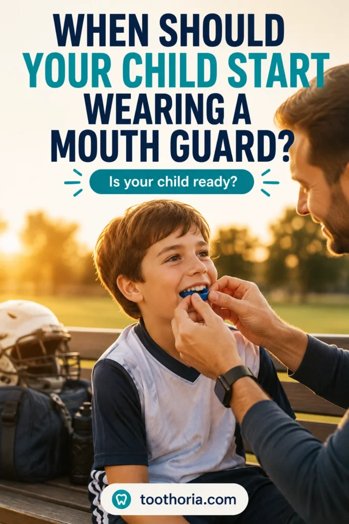 Parent helping a child wear a mouth guard before sports while learning when children should start using one.