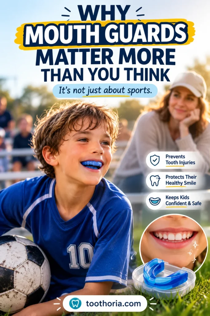 Child wearing a mouth guard while playing sports, showing why mouth guards can help protect kids’ teeth.